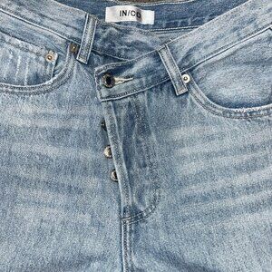 IN/CO CROSSOVER WAIST BUTTON FLY LIGHT WASH BLUE DENIM JEANS  -Y2K - SIZE 25
